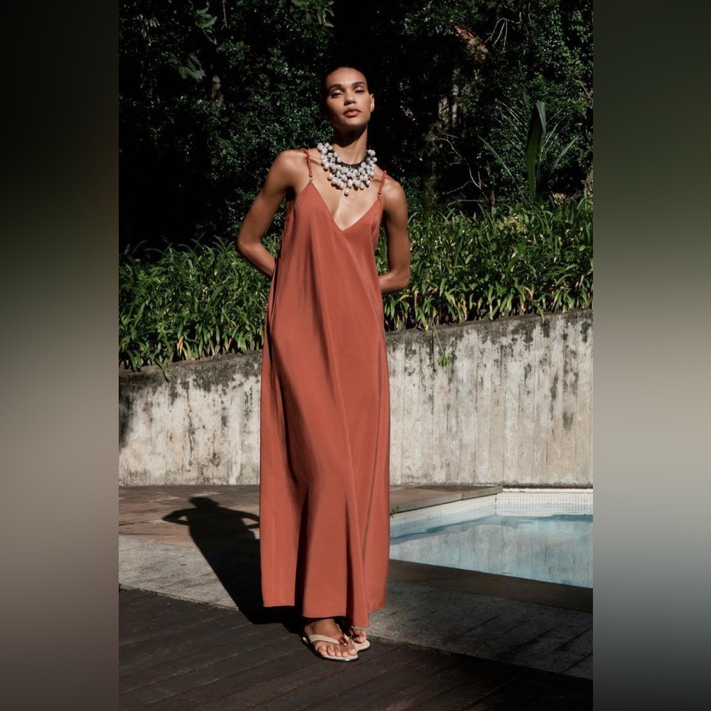 Zara Terracotta Slip Midi Dress With Back Detail